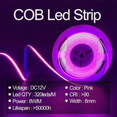 Alto brilho COB LED Strip Light CE RoHs IP20 Ra90 8mm Largura 12V 24V 320Leds Rosa