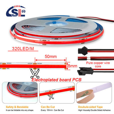 Alto brilho COB LED Strip Light CE RoHs IP20 Ra90 8mm Largura 12V 24V 320Leds Rosa