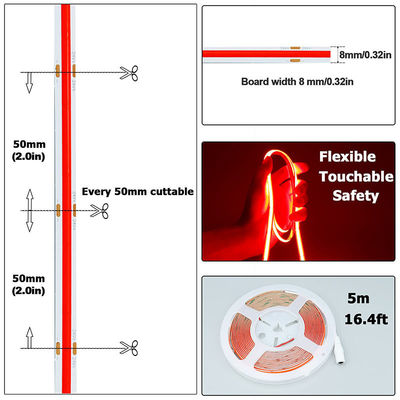 COB LED Strip Light IP20 8mm 12V24V 480leds Vermelho para decoração interior e exterior