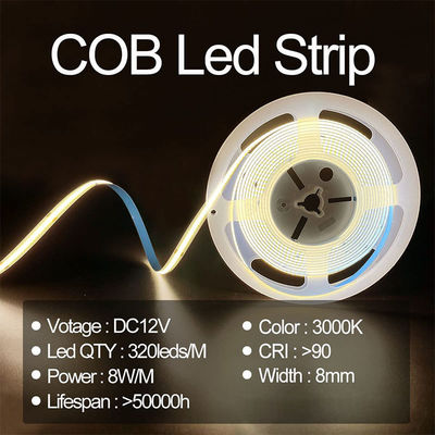 8mm Largura 12V 24V 3000K Quente COB Led Strip Light CE RoHs IP20 com 50000 Horas de Vida