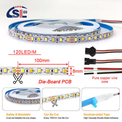 Alta luminosidade 12v24v 8mm 120leds 3000K-6500K CCT Tabela de corte a tinta de dupla cor SMD2835 LED Strip Light