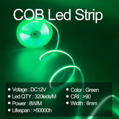 Lâmpada de banda verde flexível à prova d'água COB LED CE RoHs IP20 Ra90 8mm Largura 12V24V 320Leds