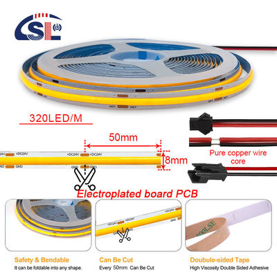 Hotel House COB LED Strip Light CE RoHs IP20 Ra90 8mm Largura 12V 24V Amarelo Dourado