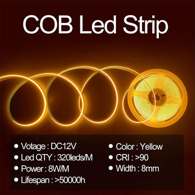 Hotel House COB LED Strip Light CE RoHs IP20 Ra90 8mm Largura 12V 24V Amarelo Dourado