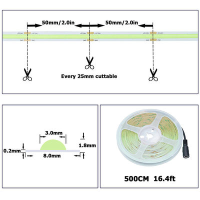 DC12V24V 480LEDs Ra90 8mm10mm Largura Verde Flexível COB LED Strip Light para iluminação