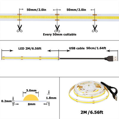 Hotel 5V 8mm 320leds 4000K Natural 1cm um corte IP65 impermeável Electroplate flexível COB Led Strip Light