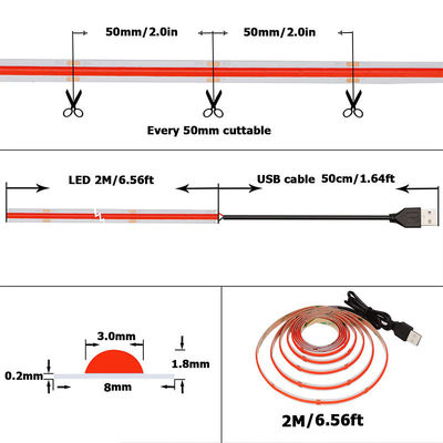 12V Dimmable Red COB LED Strip Light para decoração interior e exterior 8mm 320 LEDs
