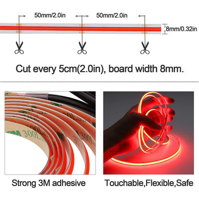 12V Dimmable Red COB LED Strip Light para decoração interior e exterior 8mm 320 LEDs