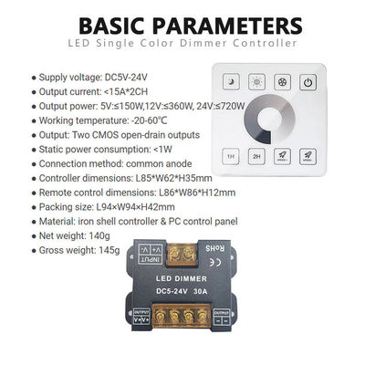 Controlador de luz LED de painel de toque RF sem fio para luzes monocromáticas bicolores e RGB