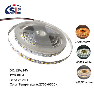 CCT Alto brilho 8mm 120LEDs 3000K-6500K Dual Color SMD2835 LED Strip Light com 3-