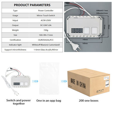 Smart Automation Defogger 12V 5A 60W Led Mirror Touch com exibição de temperatura do tempo