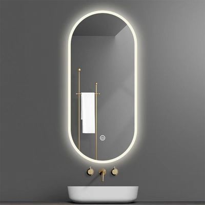 Lentes de prata Controle de toque de material LED Retalho Espelho de sala de batida para casa de banho