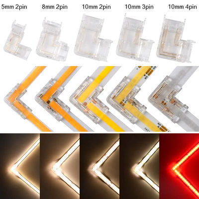 90 graus de forma de cristal L para conector de tira LED COB sem costura 2/3pin 5/8/10mm