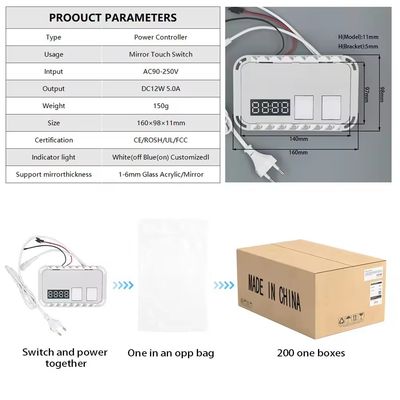DC12V 5A 60W Sensor de Toque de Cor Única Switch LED Espelho Toque com Tempo e Display Temperatura