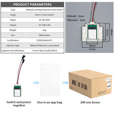 Interruptor de sensores classificado IP24 para espelhos inteligentes, digitalização manual de 3-5 cm Faixa de detecção DC12V