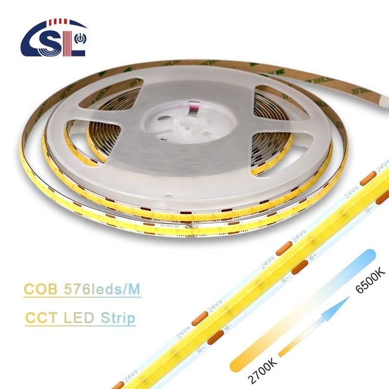 Lâmpada de faixa flexível 576 LEDs/m 12V 24V DC 2 Wire CCT COB Strip Light para projetos de iluminação