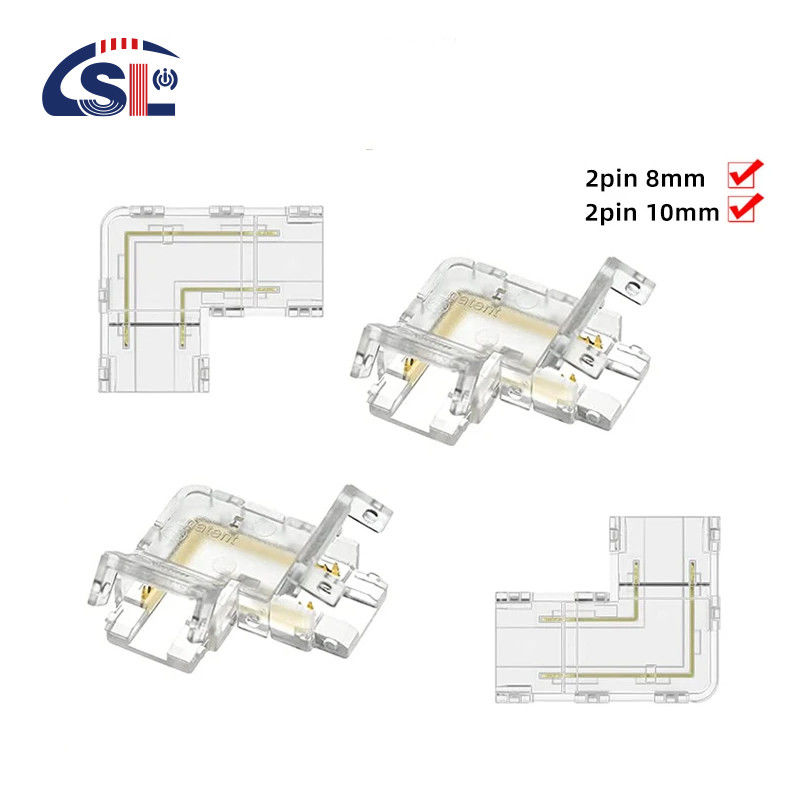 Conector de 2 pinos transparente 8 mm 10 mm Cristal Clip Wire L Tipo COB LED Strip Connector L Forma conector com ângulo de 90o